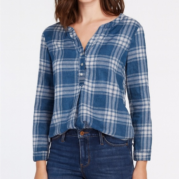 Hayes Plaid Checkered Cotton Blend Henley 3 Button Flowy Blouse Blue White M - Picture 1 of 10